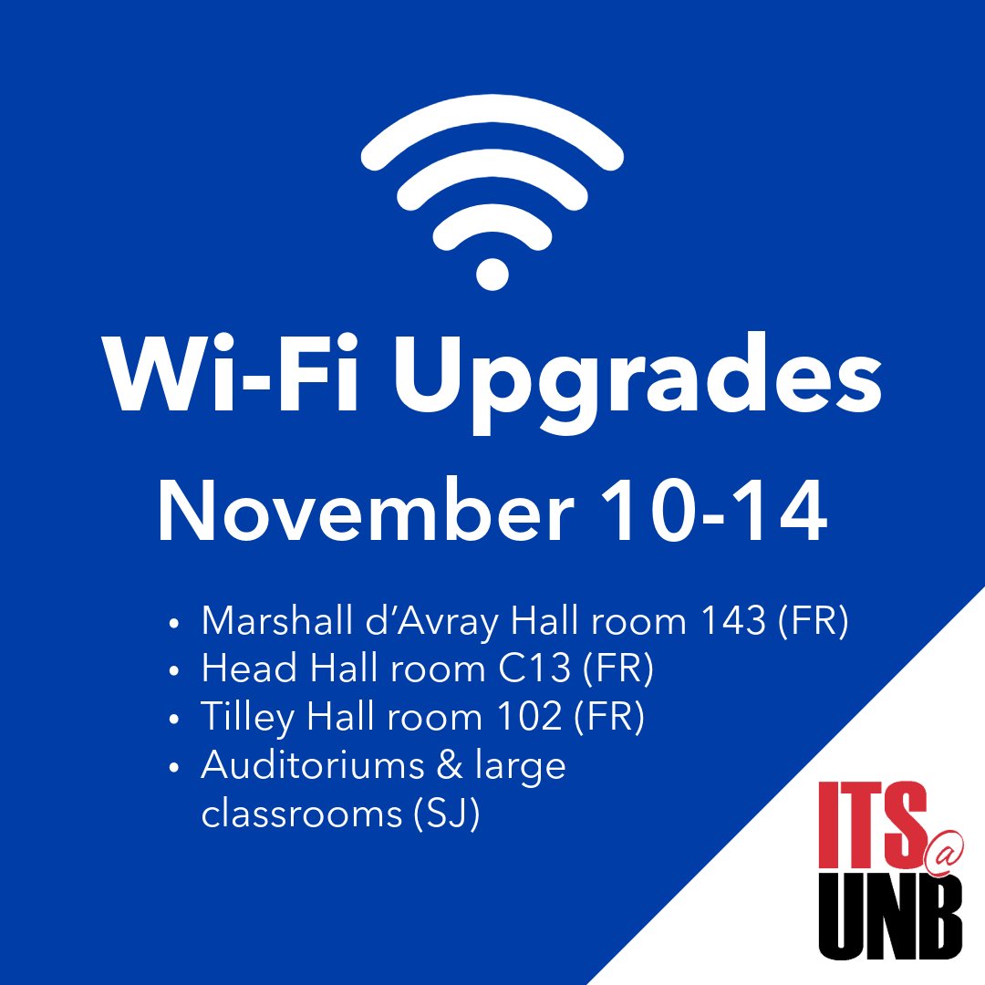 Wi-Fi upgrades November 10-14 in auditoriums &amp; large classrooms on the Fredericton and Saint John campuses.

Expect short Wi-Fi interruptions (~5 mins) in areas as they’re updated. Once complete, no action needed – you’ll be automatically connected. 
 
➡️go.unb.ca/SD-BJXUH
