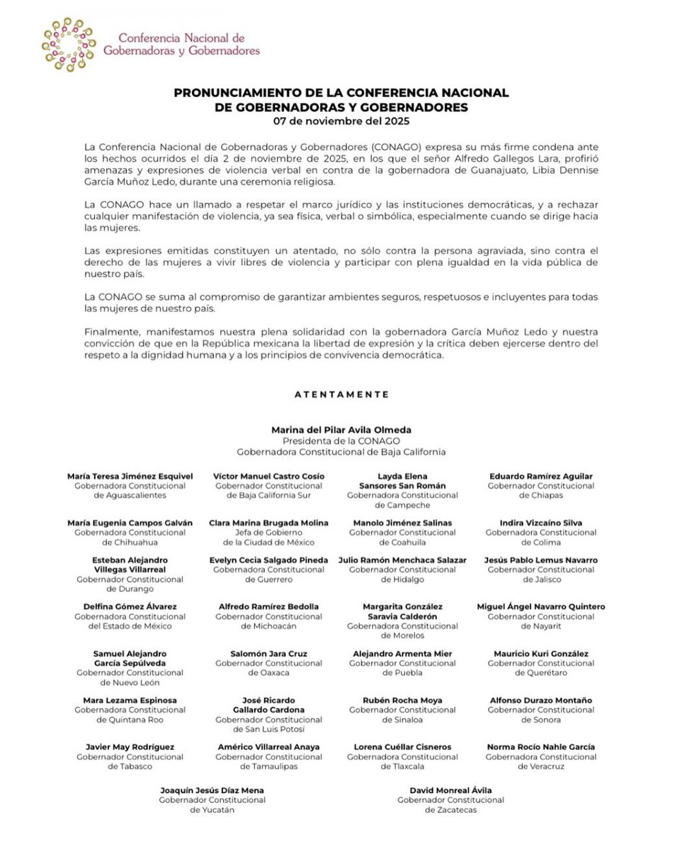 CONAGO_oficial's tweet photo. Condenamos las expresiones de violencia verbal en contra de nuestra compañera, la Gobernadora de Guanajuato, Libia Dennise García Muñoz Ledo. 

La libertad de expresión debe ejercerse siempre con respeto y sin violencia, nunca va a ser justificación para agredir a nadie. https://t.co/yzU9EVCxkH
