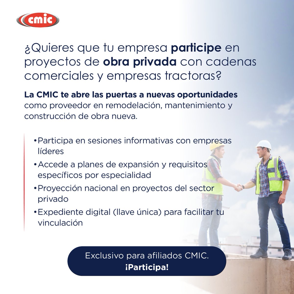 🚧 #Afiliado #CMIC: accede a oportunidades de obra privada con cadenas comerciales, empresas tractoras y extranjeras.

 📁 Registra tu empresa y obtén tu expediente digital.
 ✅ Servicio sin costo exclusivo para afiliados

🔗 Conoce más: cmic.org.mx/cmic/eventos/o…

#ObraPrivada