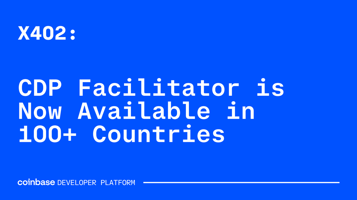 CoinbaseDev's tweet photo. Our CDP x402 Facilitator is now available in 100+ countries, adding to benefits like:

→ Coinbase-grade security, scale, and throughput powered by our Server Wallets
→ Simple devex with no key management
→ Built-in compliance checks
→ Discoverability with auto-inclusion in x402 Bazaar

... and more!

Let us know what else you'd like to see from our facilitator. 💬👇