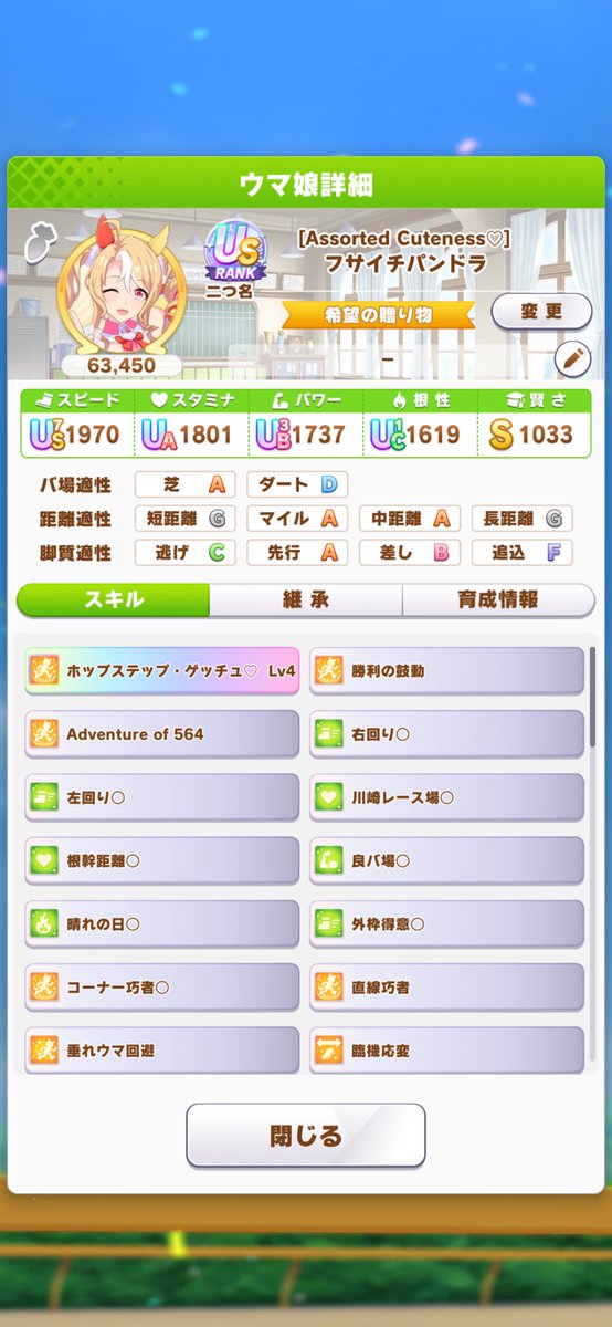 KD_UMA_'s tweet photo. やったー！！！！！！
めっちゃギリやけどパンドラでUS取れた！！！！
賢さちょくちょく踏めたのとスタミナ練習が上振れたのが良かった☺️
やっぱりパンドラちゃんは「天才」だし〜？🥰🥰🥰🥰🥰 https://t.co/Np2DYEU4jx