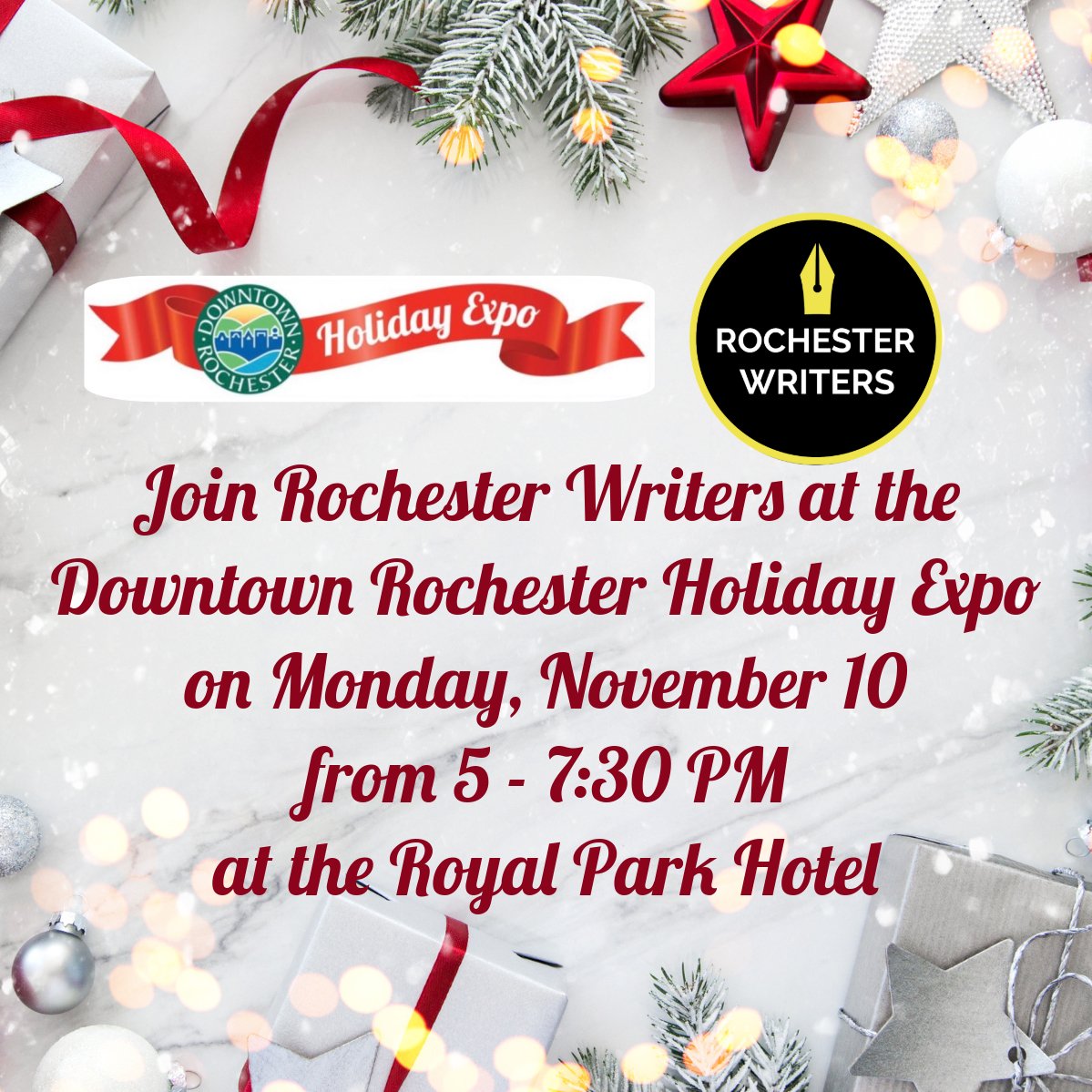Downtown Rochester Holiday Expo
Over 60 vendors and Rochester Writers will have 2 tables with 4 authors on Monday, Nov 10, at the Royal Park Hotel 5-7:30PM. Admission is free!
🎄 Robert A. Lytle
🎄 Joan Dee Wilson
🎄 Julie Cadman
🎄 Terry Hojnacki

#RochesterWriters #HolidayExpo