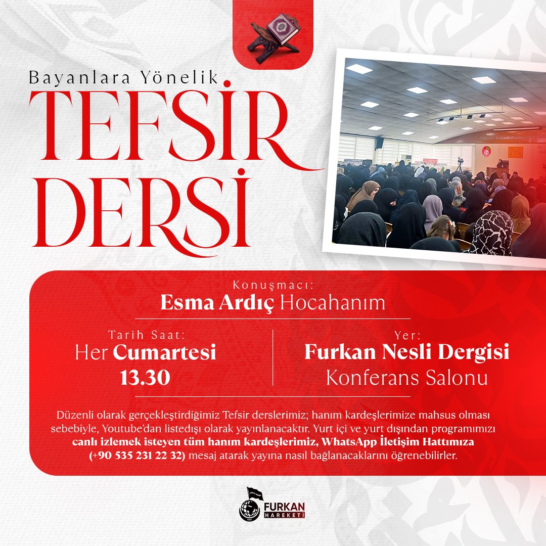 Bayanlara Yönelik Tefsir Dersi Devam Ediyor 📢

🎙️ Esma Ardıç Hocahanım (<a href="/nebevihareket/">Esma Ardıç</a>)
📖 Alak Suresi

🗓️ Her Cumartesi
🕑 13.30
📍 Furkan Nesli Dergisi Konferans Salonu