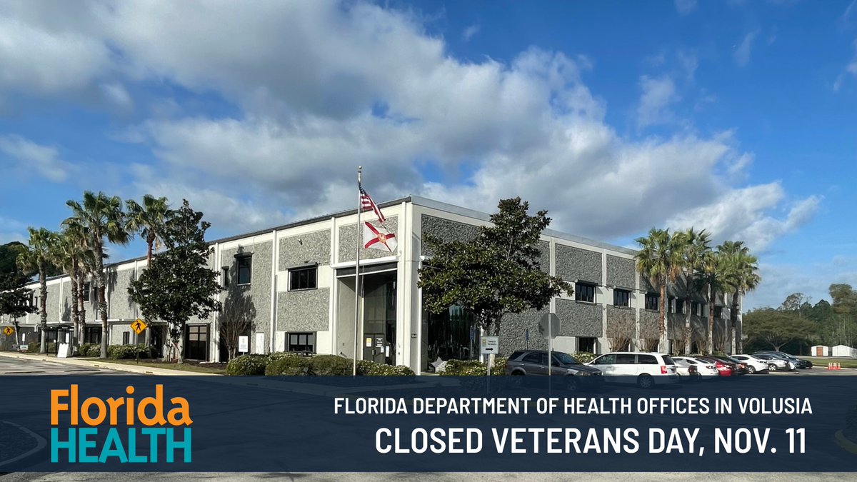 HealthyVolusia's tweet photo. All Florida Department of Health offices in Volusia County (DOH-Volusia) will close on  Tuesday, Nov. 11, in honor of Veterans Day.  Regular office hours will resume on Wednesday, Nov. 12.  #VeteransDay https://t.co/rCeyMlkhl0