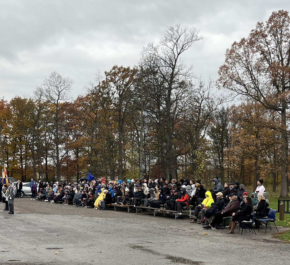 MikeMikolic's tweet photo. Rainy and windy day today during the Remembrance Day ceremony here at the Jordan Cenotaph.  Nothing, I’m sure, compared to what those who served during combat had to endure. Lest We Forget 
@TownofLincolnON https://t.co/AhUrxUBY7O