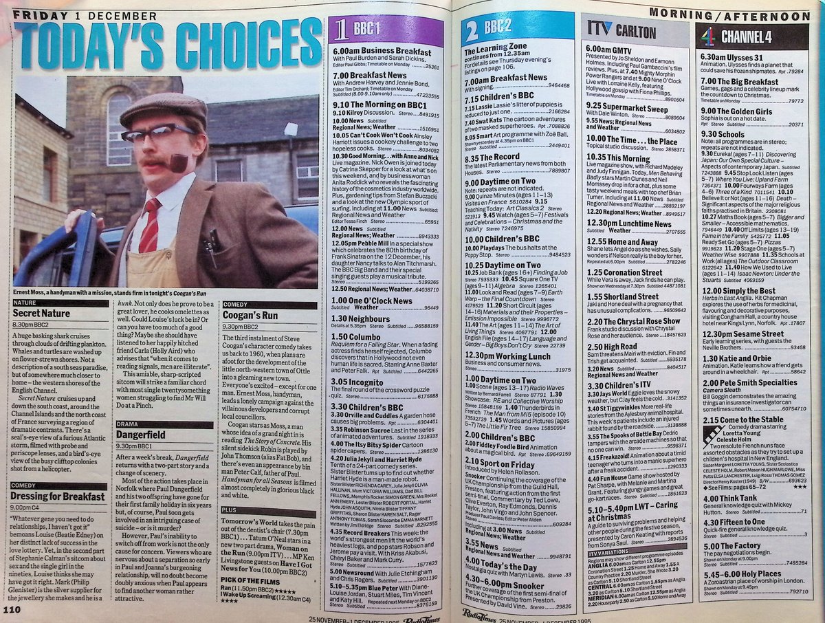 TvDidYouSee's tweet photo. #OnThisDay 1 December 1995 ๐บTV Listings
#AmandaRedman stars in DANGERFIELD.
The Mallets throw a housewarming party in #CoronationStreet.
Classic NOT THE NINE O'CLOCK NEWS and RISING DAMP, plus new episodes of COOGAN'S RUN, FAITH IN THE FUTURE and DRESSING FOR BREAKFAST. https://t.co/gMZ08xyKLM