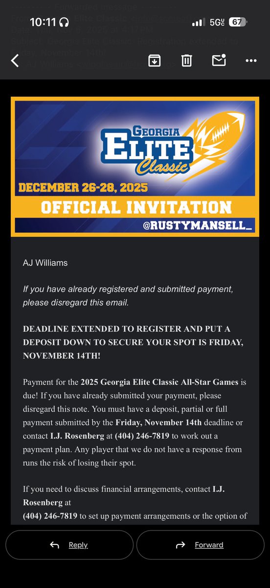 Beyond blessed to receive an invitation to the Georgia Elite Classic Showcase Dec 28th! <a href="/RustyMansell_/">Rusty Mansell</a> <a href="/GAEliteClassic/">GeorgiaEliteClassic</a> <a href="/scoreatlanta/">SCORE Atlanta</a> <a href="/adamgorney/">Adam Gorney</a> <a href="/Caraway6/">Andrew Caraway</a> <a href="/CavsRecruits/">Callaway Football</a> <a href="/ChadSimmons_/">ChadSimmons</a> <a href="/aidanyoung_UM/">Aidan Young</a> <a href="/CoachAlexMathis/">Coach Alex Mathis</a> <a href="/JeremyO_Johnson/">Jeremy Johnson</a> <a href="/tank_bigsby/">Tank</a> <a href="/CoachTMort/">Thomas Morton</a> <a href="/RivalsHS/">Rivals High School</a>
