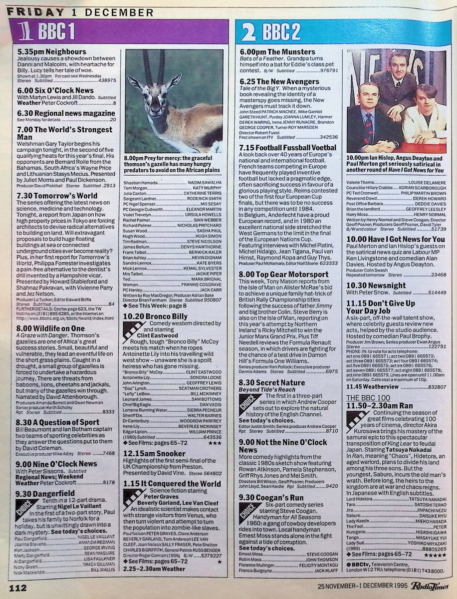 TvDidYouSee's tweet photo. #OnThisDay 1 December 1995 ๐บTV Listings
#AmandaRedman stars in DANGERFIELD.
The Mallets throw a housewarming party in #CoronationStreet.
Classic NOT THE NINE O'CLOCK NEWS and RISING DAMP, plus new episodes of COOGAN'S RUN, FAITH IN THE FUTURE and DRESSING FOR BREAKFAST. https://t.co/gMZ08xyKLM