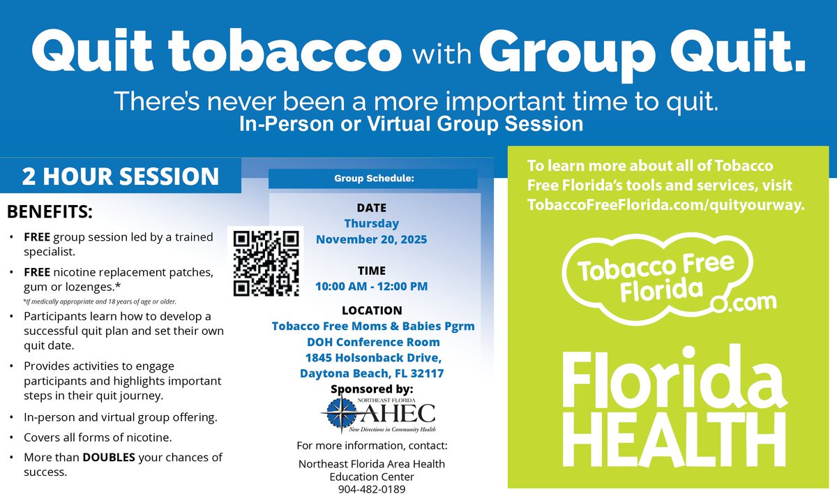 HealthyVolusia's tweet photo. #QuitTobacco with #GroupQuit Nov. 20 @HealthyVolusia 1845 Holsonback Drive. Visit https://t.co/gbSbg5n6Vz or call (904) 482-0189 https://t.co/LzFjgIthen