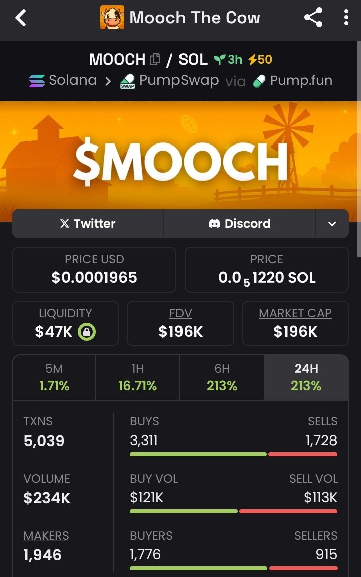 TheAlphaMirage's tweet image. $10K → $196K on $MOOCH — a solid 19.6x print locked in 📈🔥

Spotted early inside my private TG and executed to perfection 💎
This is what early conviction and sharp timing look like. 🚀

#MOOCH #Solana #AlphaMoves #CryptoWins