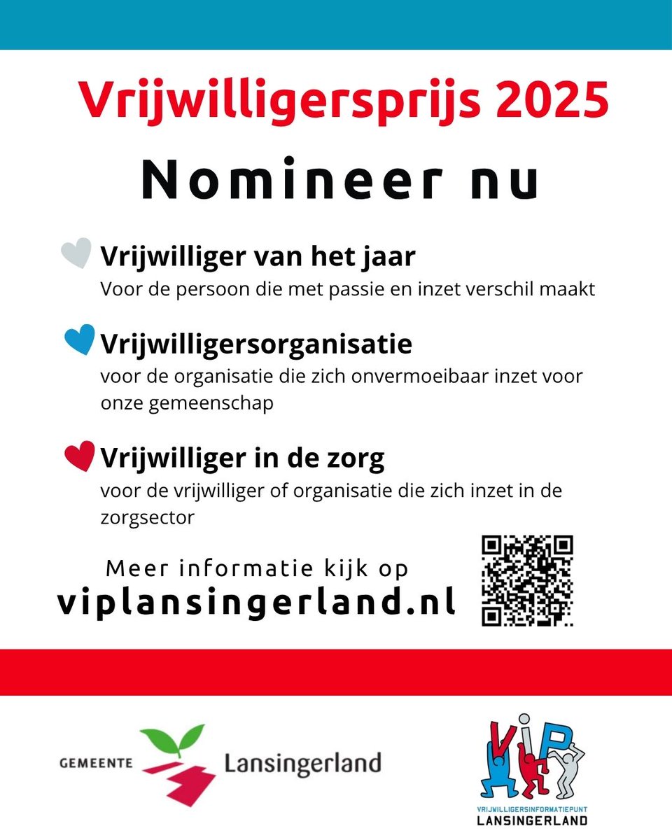 𝐕𝐫𝐢𝐣𝐰𝐢𝐥𝐥𝐢𝐠𝐞𝐫𝐬𝐩𝐫𝐢𝐣𝐬 𝟐𝟎𝟐𝟓

Weet je dat je t/m vrijdag 14 november je nominatie kunt uitbrengen?

Denk is aan de vrijwilligers (organisatie) waar jij of jouw familie, vrienden, buren, onbekenden mee in aanraking komen.
Nomineer en zet ze in het zonnetje!
