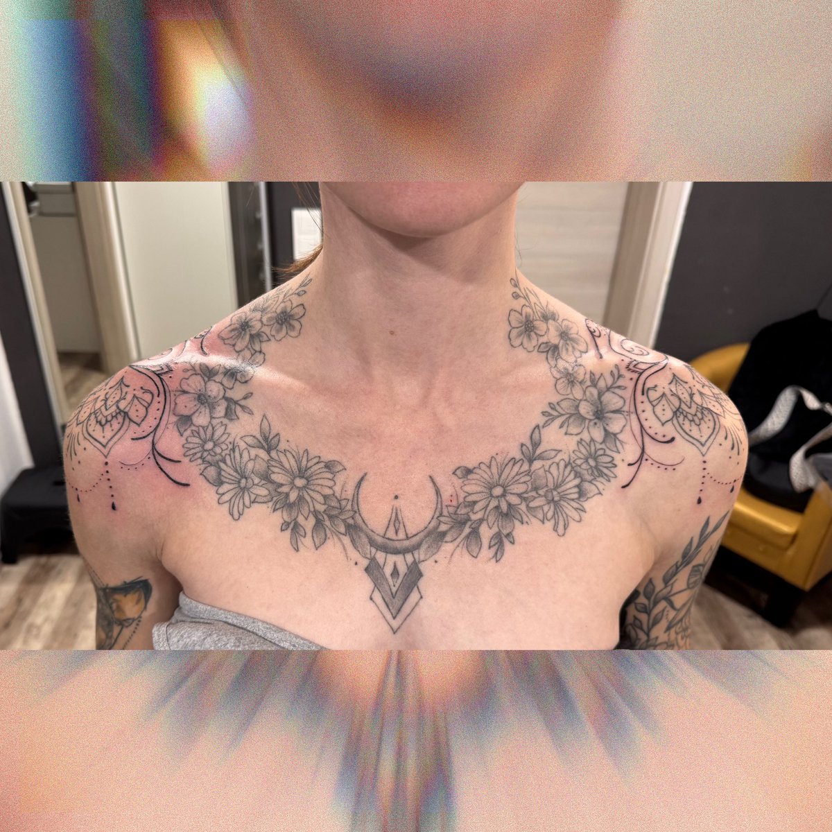 Arbeiten von heute:
Namen der Kinder und Enkel mit jeweiliger Geburtsblume.
Und Freihand verschnörkelte Schultererweiterung.