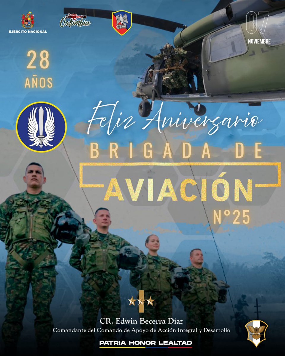 Durante 28 años, los hombres y mujeres de la Brigada de Aviación N.º 25 han surcado los cielos de Colombia, llevando esperanza y cumpliendo misiones con valor y precisión. 🚁
<a href="/Ejercito_CAAID/">Comando de Acción Integral del Ejército Nacional</a> exalta su historia e invita a seguir volando con honor por la patria.
#PatriaHonorLealtad