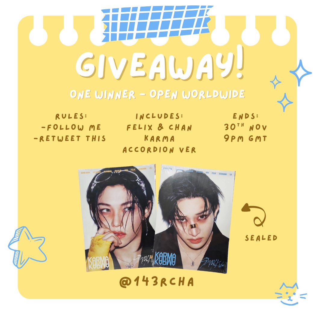 bb0kari's tweet photo. :¨ ·.· ¨:⠀
 `· . #SKZ GIVEAWAY TIME!! ⋆˚꩜｡

as we say goodbye to the karma era, i’m giving away a sealed felix &amp; bang chan karma accordion ver!  

one winner ★ open worldwide

to enter:
- follow me @143RCHA 
- rt this tweet

ᯓ★ closes 30/11 9pm gmt https://t.co/XYhaRbHheh