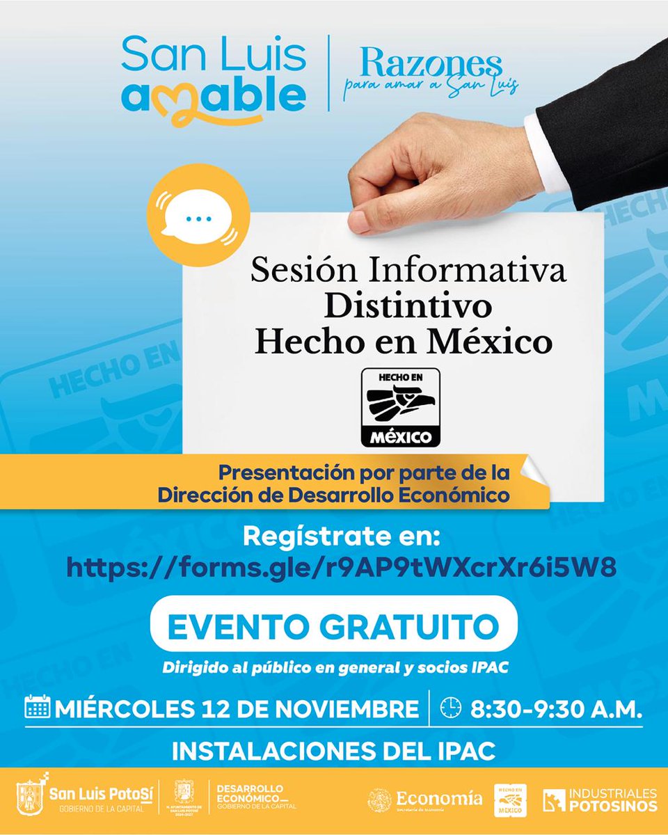 La Dirección de Desarrollo Económico, en colaboración con <a href="/ipacslp/">IPAC SLP</a>, te invita a la sesión informativa “Distintivo Hecho en México”.
12 de noviembre a las 8:30 hrs.
Amado Nervo #316, Col. Tequis
Inscripciones: forms.gle/r7hRSePnDtpA2v…