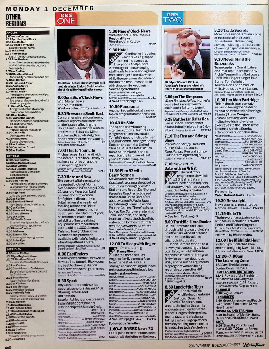 TvDidYouSee's tweet photo. #OnThisDay 1 December 1997 ๐บTV Listings
Ricky tries to cheer up Bianca in #EastEnders.
#BrittEkland's worried about her Wicked Queen costume in PANTOLAND.
To Kill A Mocking Alan in I'M ALAN PARTRIDGE.
#PeterSnow is the subject of THIS IS YOUR LIFE.
The last in the series of GOLD https://t.co/2wE7BHYhPJ