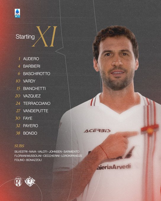 Graphic displays the starting XI for Cremonese with positions listed: 1 Adero as goalkeeper, 6 Barbuti, 10 Vandy, 20 Vazquez, 24 Vandeputte, 30 Favo, 34 Bondo in midfield and defense; substitutes include Bondo, Nava, and others; players wear white and red striped jerseys with team logo; coach Nicola mentioned; stadium Giovanni Zini referenced.