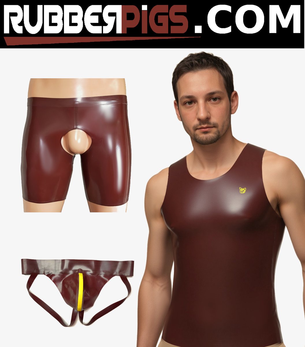 Release your inner pig with this cheeky set including vest top, cheeky shorts and jock

rubberpigs.com/brown-pig?sear…