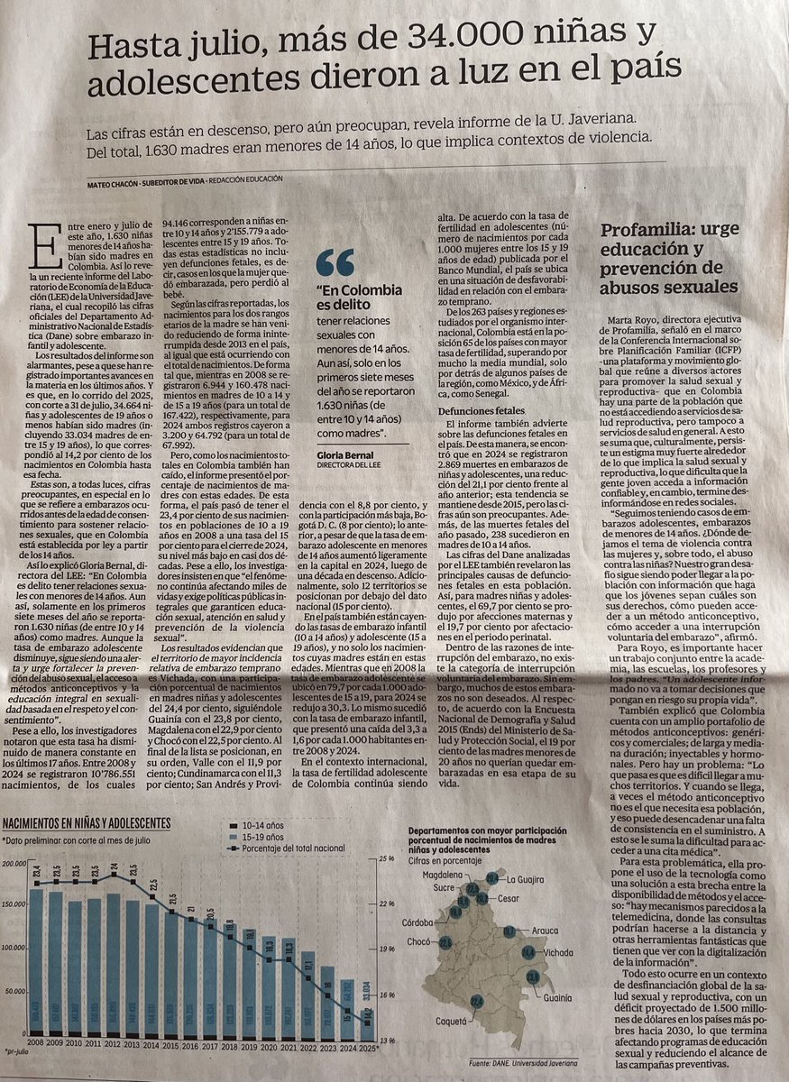 En Colombia, “Hasta julio más de 34.000 niñas y adolescentes dieron a luso en el país” (“… 1.600 madres eran menores de 14 años …”) vía ⁦<a href="/ELTIEMPO/">EL TIEMPO</a>⁩