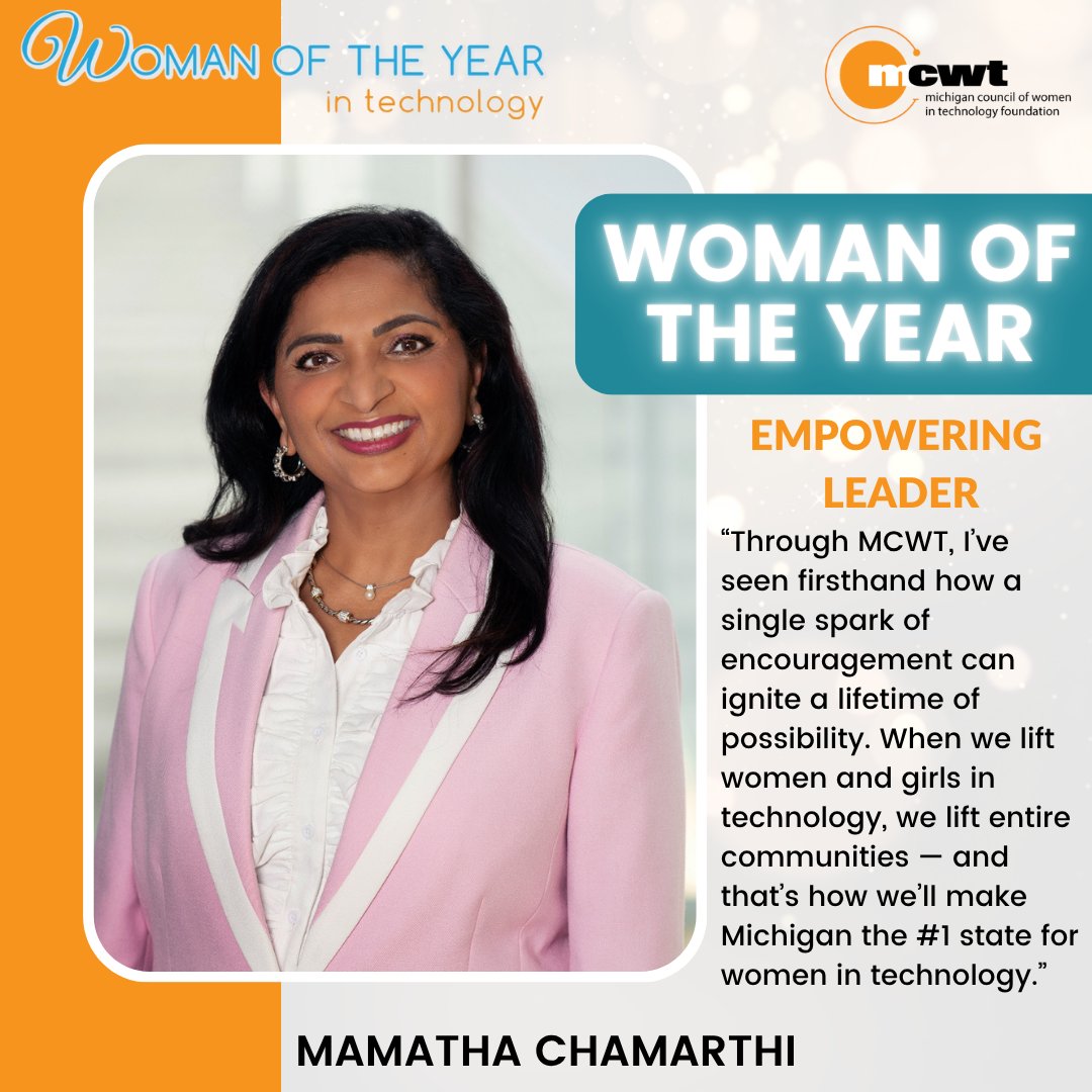 MCWT's tweet image. Honoring the 2025 MCWT Women of the Year in Technology! 💙✨
• Community Impact: Rosemary Bayer
• Empowering Leader: Mamatha Chamarthi
Both are driving real change and opening doors for girls and women in tech across Michigan. 🚀
#WomenInTech #MCWT #Leadership