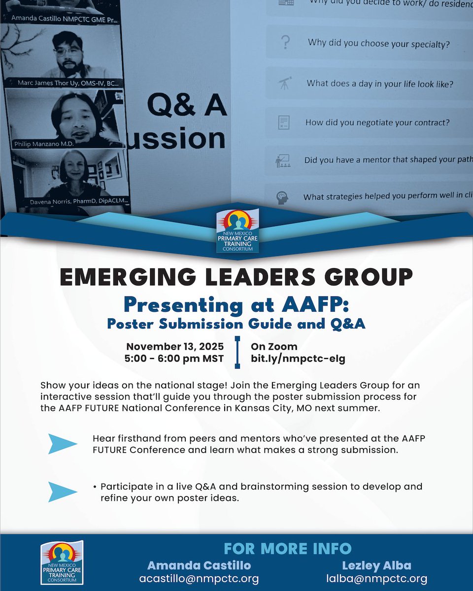 Join us Thursday, Nov. 13 (5–6 pm MST) for our next Emerging Leaders Group meeting “Presenting at AAFP: Poster Submission Guide &amp; Q&amp;A.”

🔗 REGISTER NOW: lp.constantcontactpages.com/ev/reg/vu7hw7m

#Mentorship #GME #MedEd #Leadership #Presentation #MedStudent #AAFP #AAFPNC #AAFPFUTURE #FMRevolution