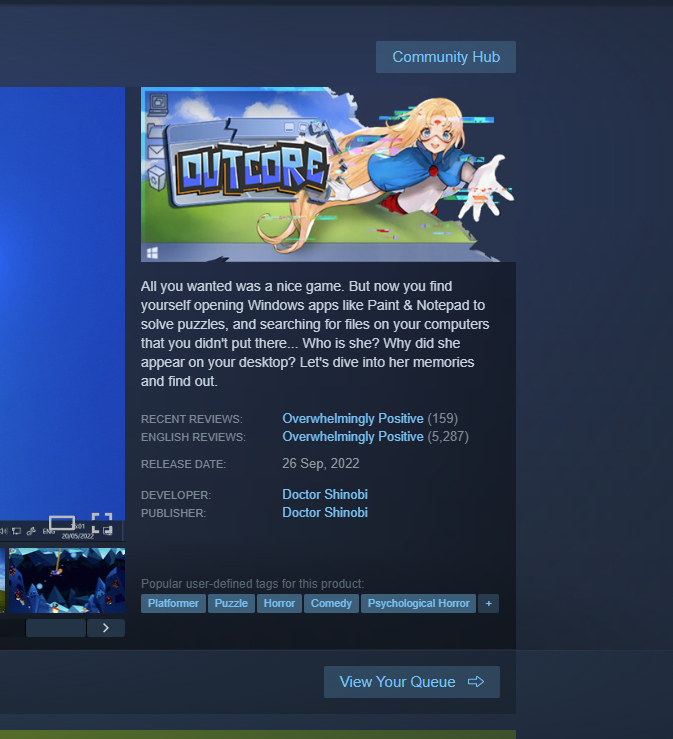 My vision for Outcore's banner was to make it look like Lumi is breaking out of it and into your Steam page.

Originally the effect didn't look right because I couldn't make the banner's background fit the page's background.

I gave it another try and it looks much better!