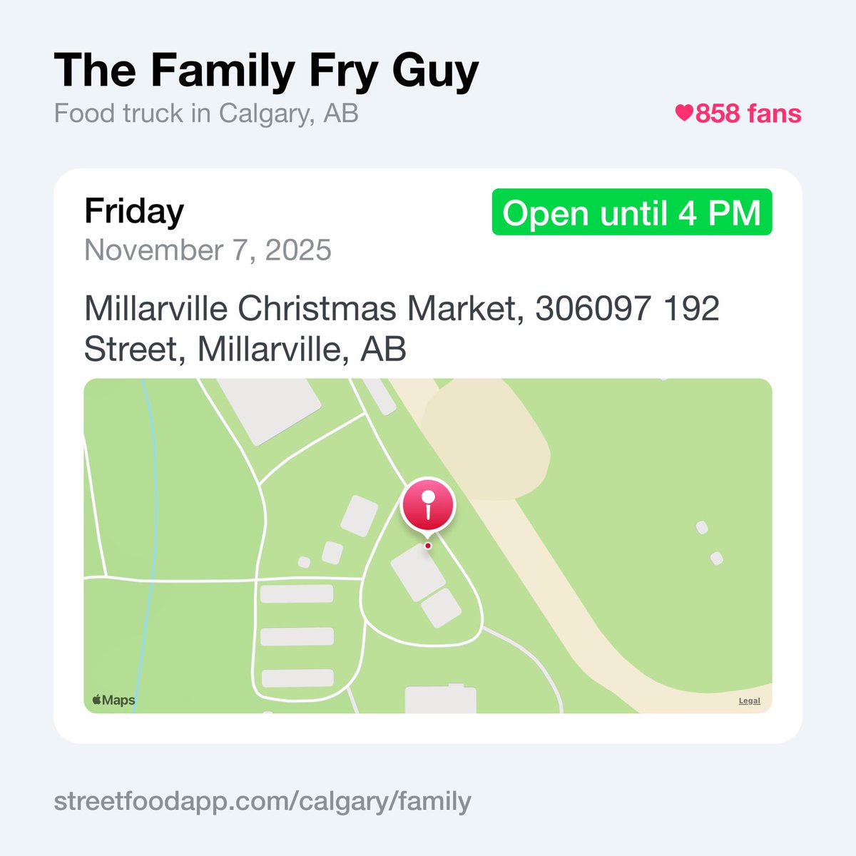 We're open November. 7th, 8th and 9th from 9 AM - 4 PM at Millarville Christmas Market, 306097 192 Street, Millarville, AB. Come warm up with a delicious poutine!

streetfoodapp.com/calgary/family
