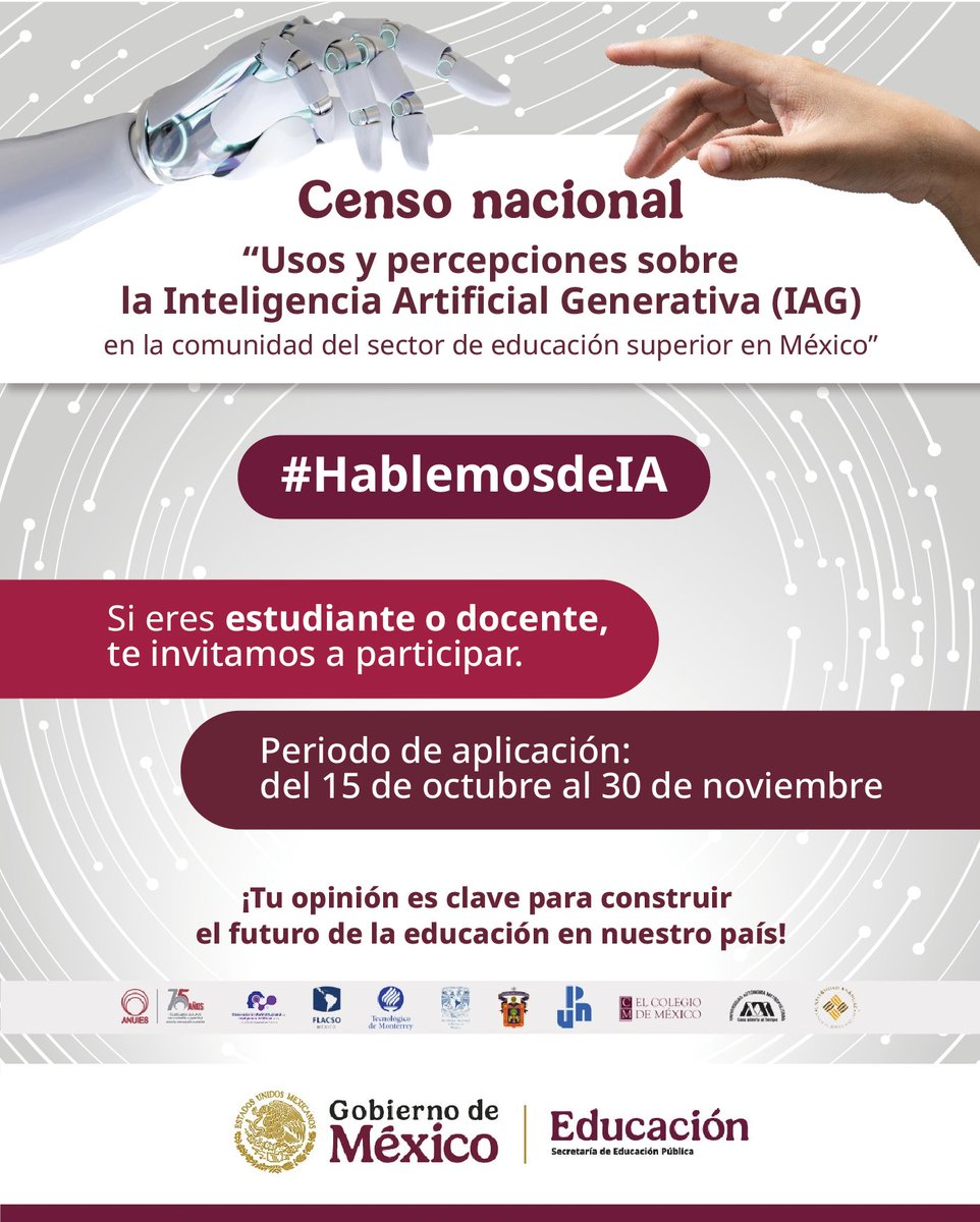 La <a href="/SEP_mx/">SEP México</a>, <a href="/Secihti_Mx/">Secretaría de Ciencia</a> y <a href="/ANUIES/">ANUIES</a> realizan el Censo Nacional sobre el Uso y Percepciones de la IAGen en la Educación Superior.

📘Docentes:
educacionsuperior.sep.gob.mx/censo-iadocent…

🎓Estudiantes:
educacionsuperior.sep.gob.mx/censo-iaestudi…

¡Tu opinión es clave para construir el futuro de la educación!