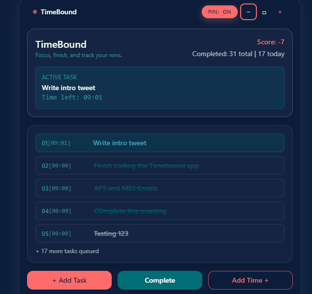 unscripted_path's tweet image. Day 38 of building

Built an app which keeps your current task and time available front and centre at all times. 

Time Bound. 
#buildinpublic