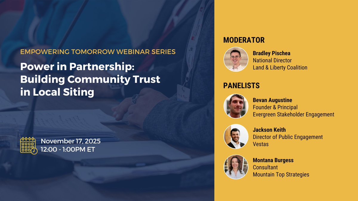 ConsEnergyNet's tweet image. How do we turn local voices into lasting power for clean energy progress?

Join us for a free #webinar Nov 17 at 12pm ET to learn more about building trust and mobilize local voices in support of energy innovation. 

Register now🔗 conservativeenergynetwork-org.zoom.us/webinar/regist…