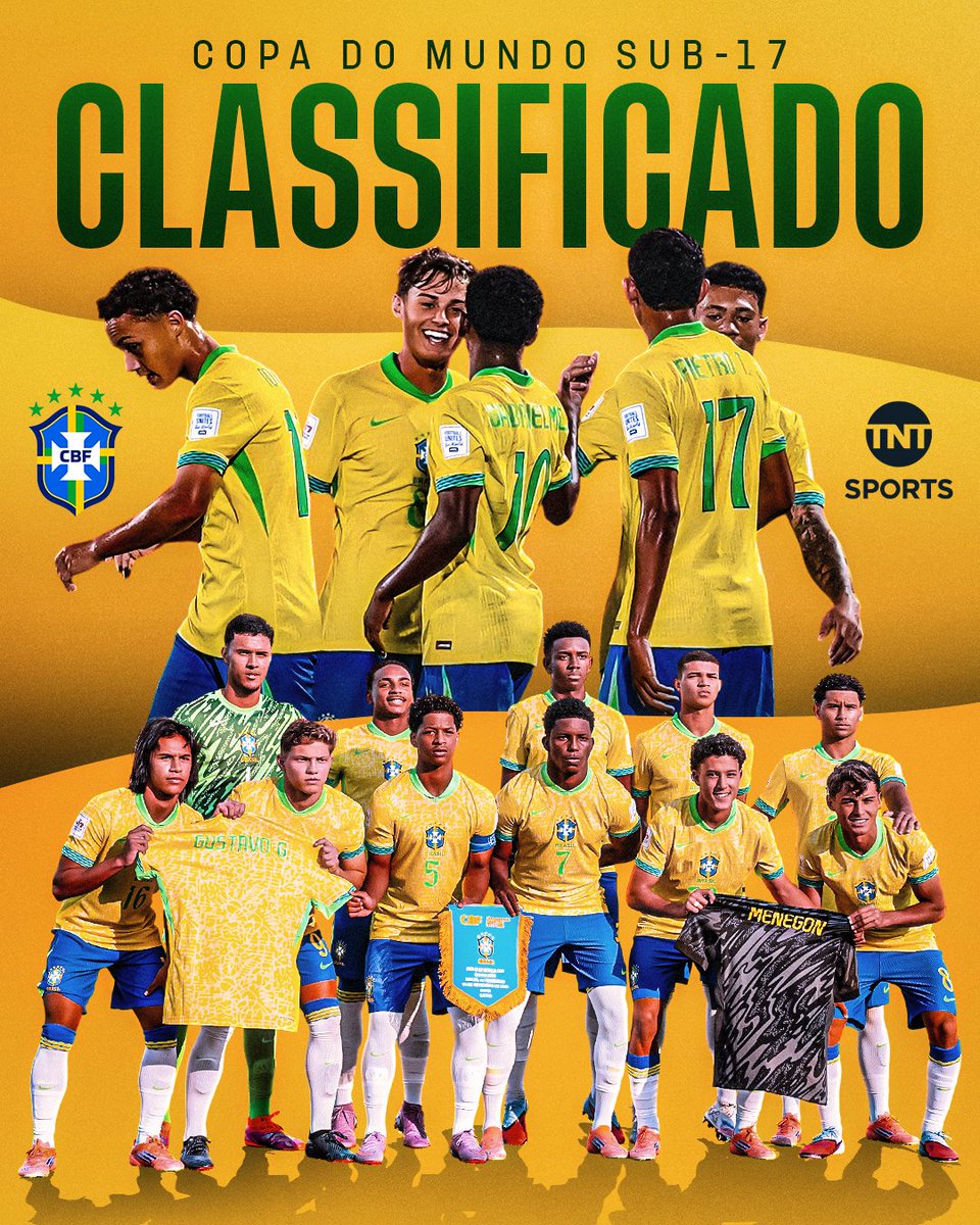 TNTSportsBR's tweet photo. O BRASIL TÁ CLASSIFICADO NA COPA DO MUNDO SUB-17! 🇧🇷🇧🇷
Com duas vitórias em dois jogos, a #SeleçãoBrasileira vai jogar a última rodada já classificada! A confirmação da vaga antecipada veio com a vitória de Zâmbia sobre Honduras.
#FutebolBrasileiro #PósJogo #CopaDoMundoSub17 https://t.co/8Yxren48JZ