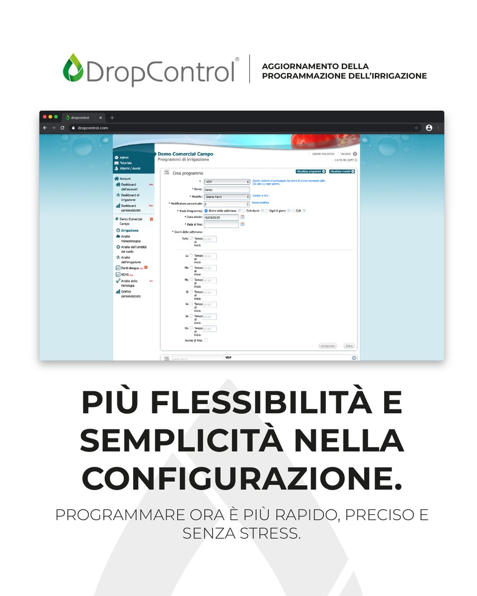 WiseconnEurope's tweet image. Programmare l’irrigazione non è mai stato così semplice: con il nuovo aggiornamento di #DropControl hai tutto in un unico flusso chiaro e intuitivo, per lavorare meglio e dedicare più tempo al campo💧🌱 Scopri come👇