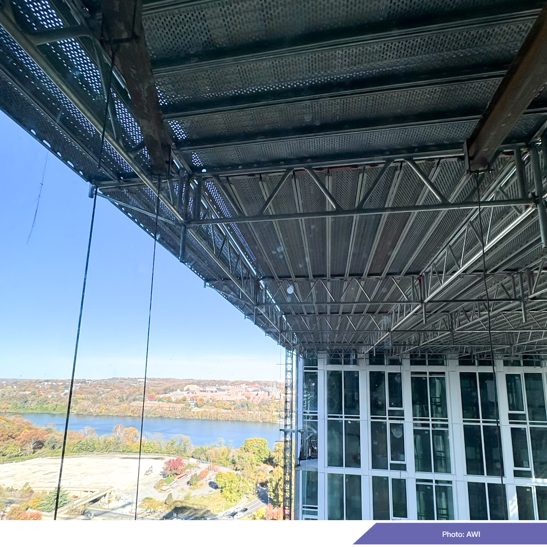 advancedwindow's tweet image. AWI teams always provide impressive solutions to challenging jobs. Crews rigged a temporary scaffold system to install a soffit under the sky bridge at J Rivelle in Arlington. Great work as usual! Partners: Jefferson Apartment Group, Shalom Baranes, @CBGBuildingCo 
#fenestration