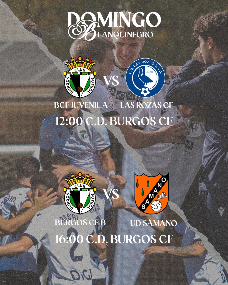 ¡Doble plan para el domingo! 🔥

El Burgos CF B y el BCF Juvenil A juegan en casa este fin de semana.

Ven a animar y a vivir el fútbol con nosotros. 🤍🖤

#LaFactoriaBCF