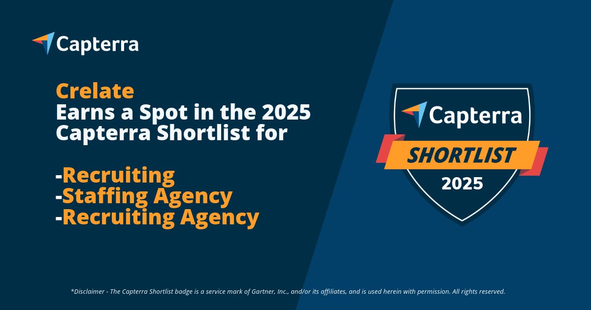 CRELATE's tweet image. 🏆 A win we get to celebrate - times three.

Crelate has officially been named to the 2025 Capterra Shortlist for:
✨ Recruiting
✨ Staffing Agency
✨ Recruiting Agency 

Thank you for trusting us, challenging us, and shaping what we build next.