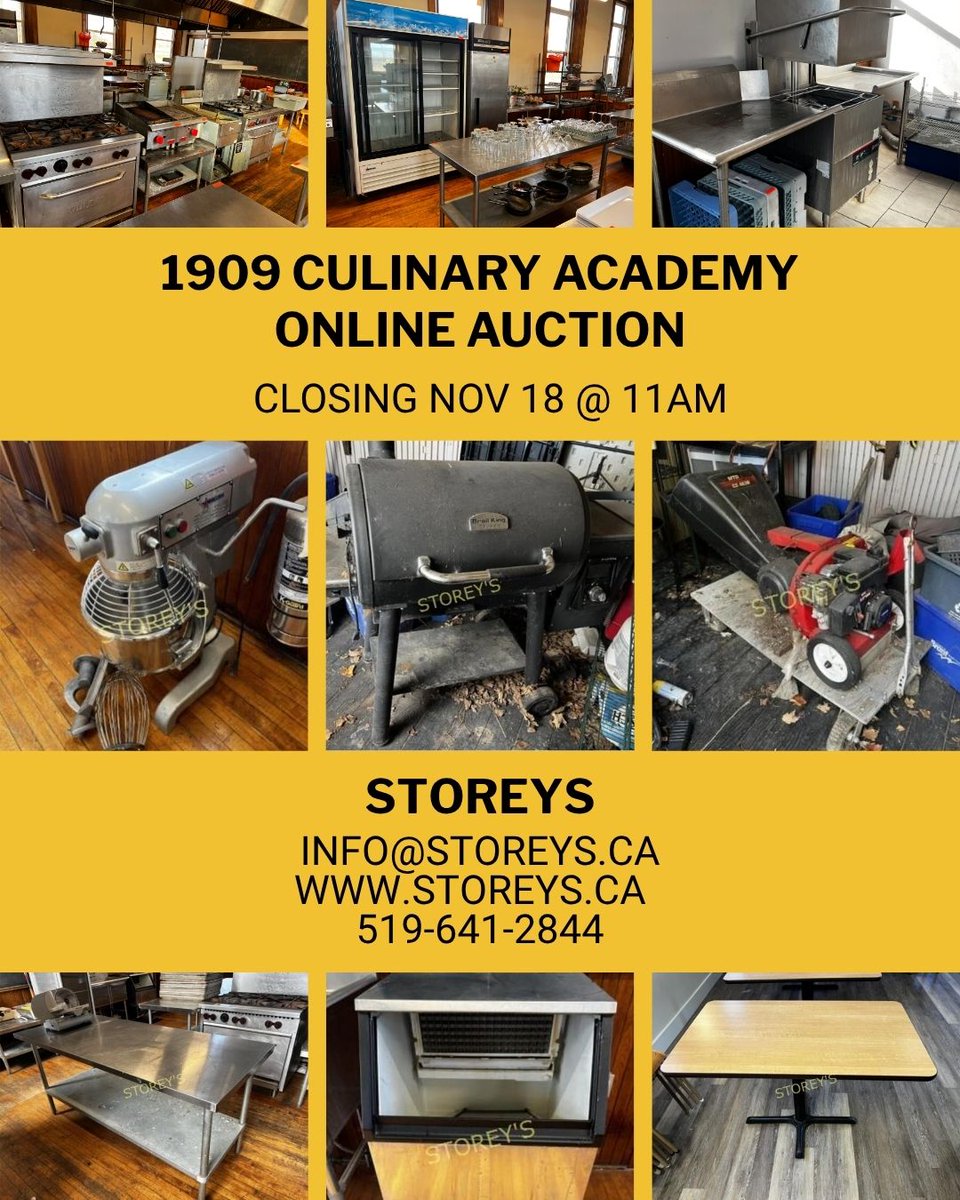 1909 Culinary Academy Online Auction

Link: storeys.hibid.com/catalog/691341…

When: Tues Nov 18 @ 11am
Location: 5183 Trussler Rd, Ayr ON
Preview: Fri Nov 14 from 12noon - 3pm
Removal: Wed Nov 19 from 10am - 2:30pm