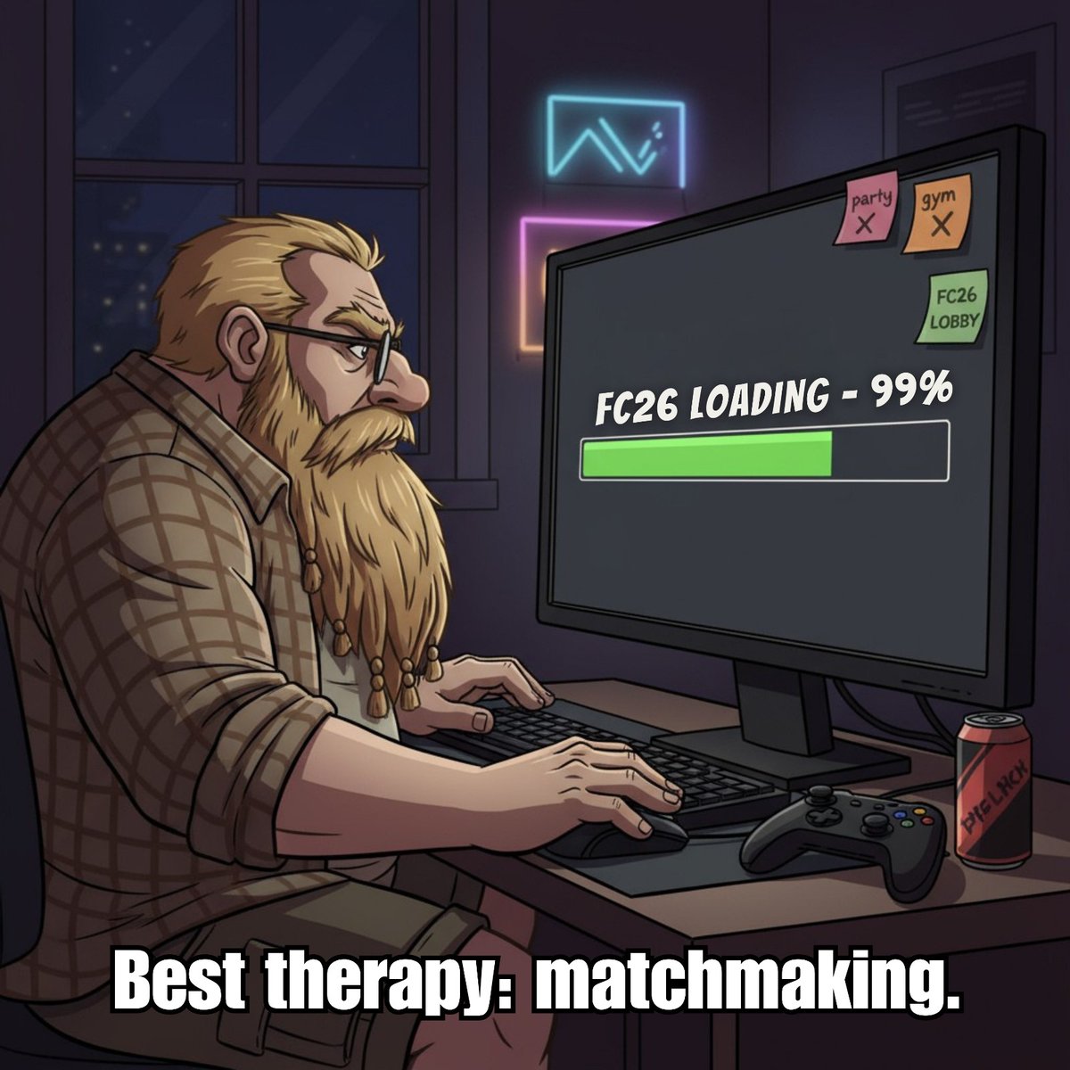 hourglassworld's tweet image. ⚔ Friday Saga — Therapy Mode: ON
The world goes to parties.
The dwarf goes to matchmaking.
Because some call it gaming — he calls it therapy.

🎮 FC26 loading… 99%
#GamingLife #FridayMode #FC26