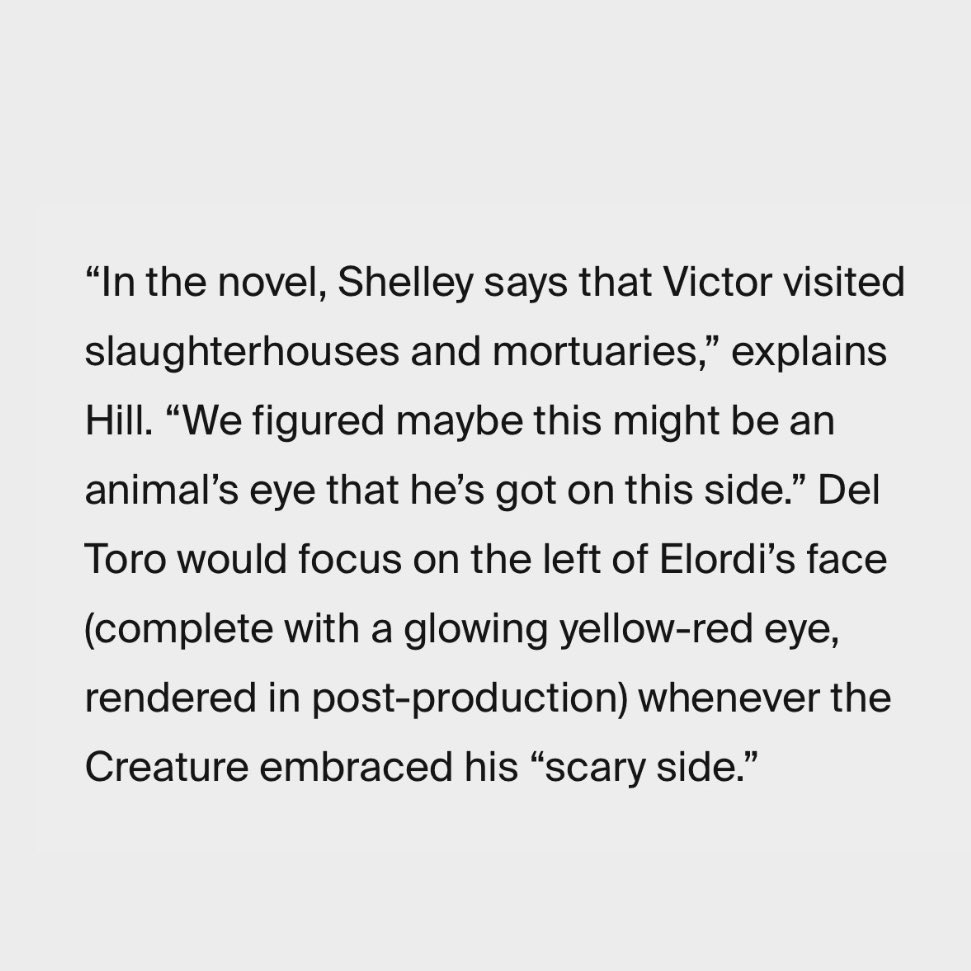 lyviescott's tweet photo. i’ve been obsessed with the creature’s mismatched glowing eye since my first frankenstein watch — mike hill said it was a happy accident. jacob was supposed to wear two contacts to make his eyes bigger; one was irritating him so they took it out and GDT decided he liked the look https://t.co/gVsnirDkd8