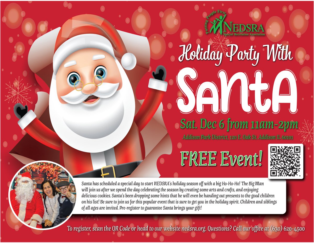 We are ONE month away from our Annual Holiday Party with Santa!🎅

Saturday, Dec 6th
11am-2pm
@Addison Park District  

Click here to register the entire family! Anyone interested in Sponsoring the event can also head over for more information!

nedsra.org/holiday-party-…