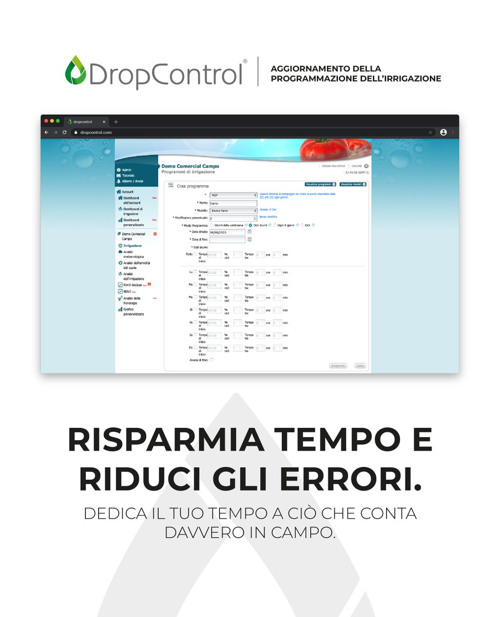 WiseconnEurope's tweet image. Programmare l’irrigazione non è mai stato così semplice: con il nuovo aggiornamento di #DropControl hai tutto in un unico flusso chiaro e intuitivo, per lavorare meglio e dedicare più tempo al campo💧🌱 Scopri come👇