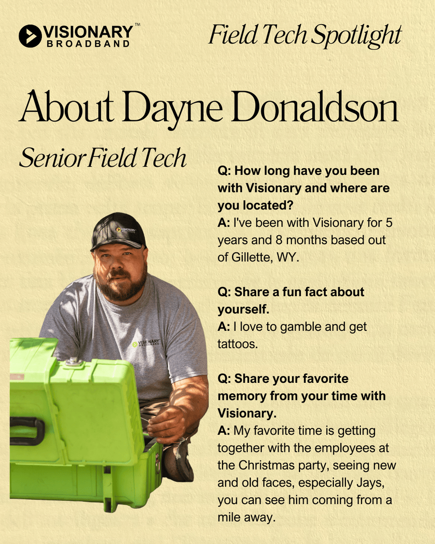 visionaryyeah's tweet image. It’s Field Tech Friday! First up in our series is Dayne Donaldson, repping our HQ in Gillette. Stay tuned as we spotlight the awesome folks keeping us connected! #fieldtechfriday #fieldtechs #gillettewy #techinaction