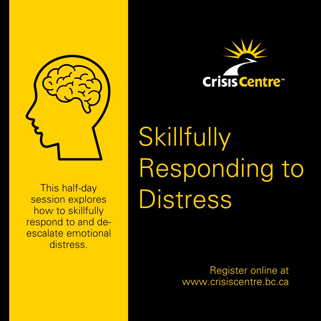 This half-day online session explores how to skillfully respond and de-escalate emotional distress. Participants learn the stress response, boundary setting, and the development of a short-term coping plan for a person in crisis.
For more information: crisiscentre.bc.ca/training/skill…