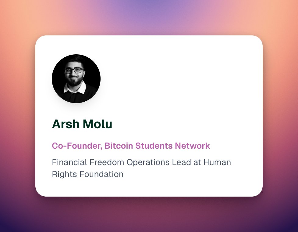 btcculturehub's tweet photo. 🎤 Summit Speaker Spotlight: Arsh Molu

🌍 Arsh Molu is the Financial Freedom Operations Lead at the Human Rights Foundation (HRF), where he drives global initiatives using Bitcoin to advance financial freedom in underserved regions.

⚡️ As co-founder of Generation Bitcoin and the Bitcoin Students Network, Arsh empowers young leaders to learn, build, and champion Bitcoin as a tool for human rights and economic sovereignty.

🧡 Hear Arsh share his remarks at the Bitcoin Students Network Summit on Nov 21st.

🔗 https://t.co/bFvLanVnLE