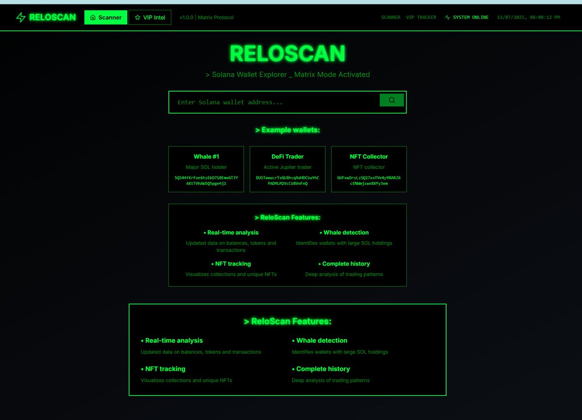 RELOADEDAI's tweet image. &amp;gt; NEW MODULE ONLINE
&amp;gt; NAME: RELOSCAN
&amp;gt; ACCESS: reloscan.site

Function:
Real-time intelligence layer for wallet behavior and emerging tokens.

Capabilities:
• Tracks the top active wallets on Solana
• Detects when multiple notable wallets buy the same token
•…