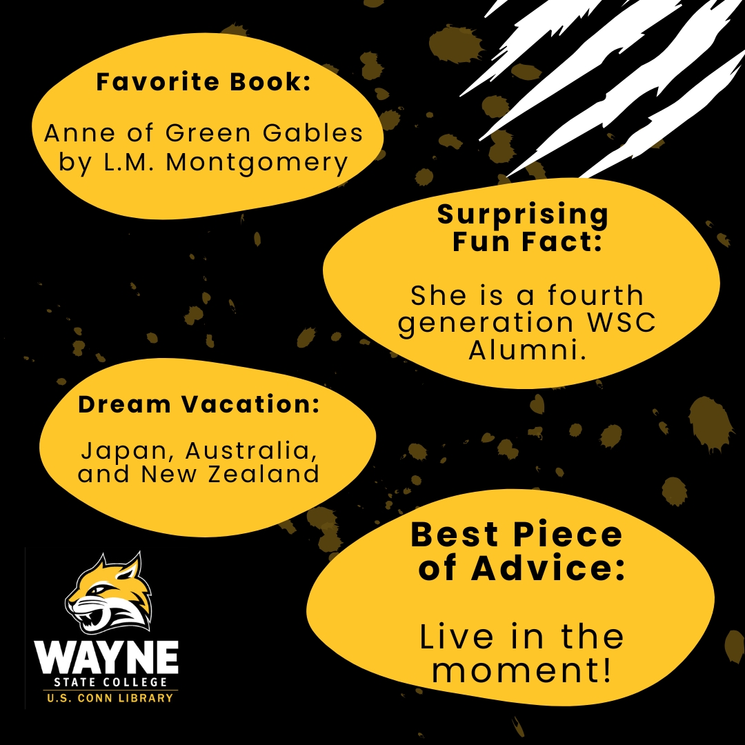 ConnLibrary's tweet image. 📚 Staff Spotlight: Marisa Goedhart
Library Tech at Conn Library for 9 years &amp;amp; proud 4th-gen WSC alum!
Dream trip? Japan, Australia &amp;amp; New Zealand 🌏
Favorite book? Anne of Green Gables 📖
Check out the image to learn more!
#ConnLibrary #StaffSpotlight #WayneStateCollege