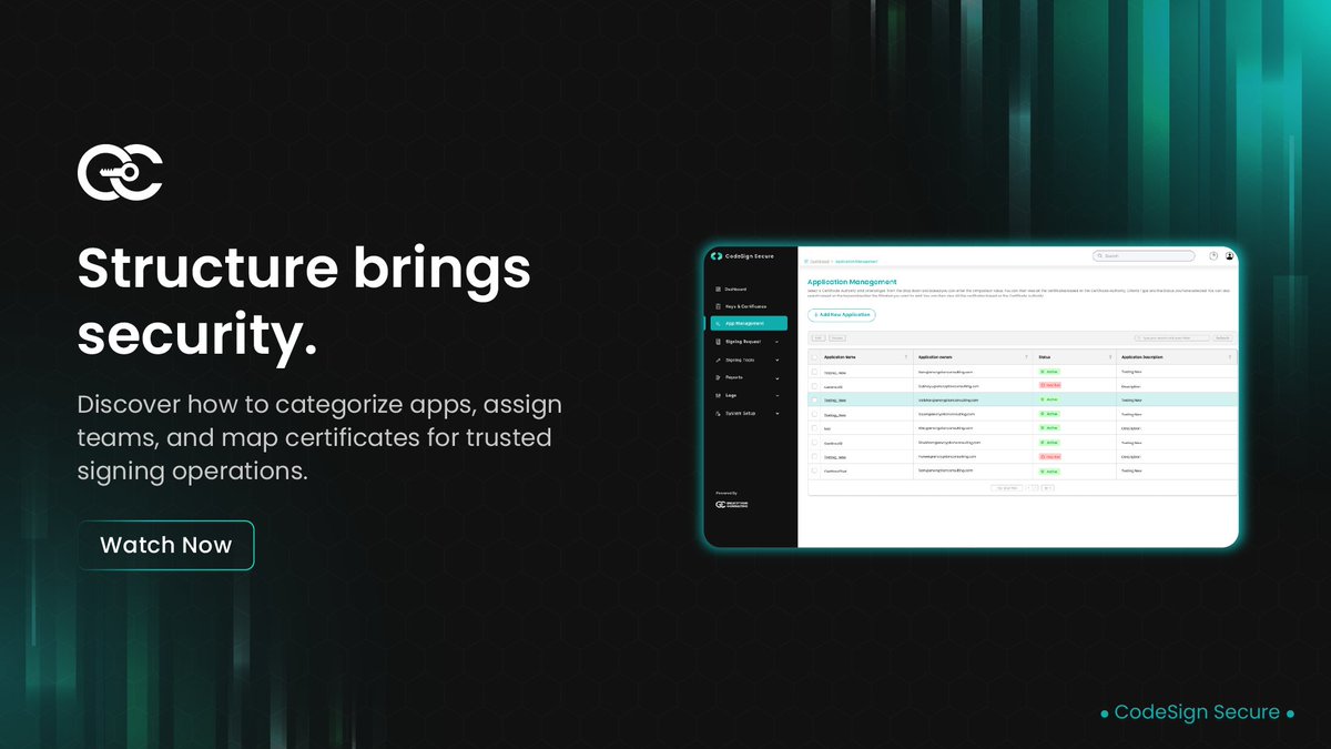 encryptioncons's tweet image. Take full control of your code signing workflow with the Application Management module in CodeSign Secure, purpose-built to simplify, organize, and secure every step of your signing process.

In this video, you’ll see how to:
🔒 Create and categorize new applications for signing…
