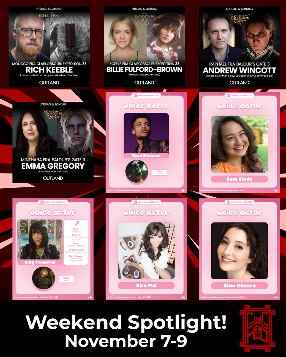 This weekend is another great one! 🥳

Over in Norway at Spill Expo <a href="/RichKeeble/">Rich Keeble | Monoco in Expedition 33</a>, <a href="/billiefb_VO/">Billie Fulford-Brown is Sophie Ex33</a> , Andrew Wincott, and <a href="/emma_chorussea/">Emma Gregory</a> will be meeting fans of their critically acclaimed games! Then in California at <a href="/animeexpochibi/">anime expo chibi</a> fans of Arcane can meet <a href="/thecheekyscot/">Katy Townsend</a> and