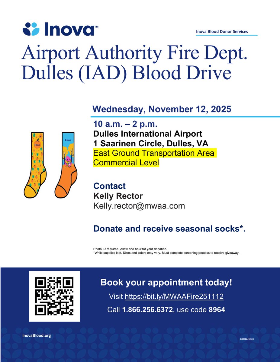 Don’t forget! 💉 MWAA Public Safety’s Blood Drive is coming up!
Roll up your sleeves and be a lifesaver. 💪🩸 #DonateBlood #SaveLives 
inovabloodsaves.org/donor/schedule…
<a href="/MWAAHQ/">Metropolitan Washington Airports Authority</a> <a href="/Dulles_Airport/">Dulles Airport (IAD)</a> <a href="/mwaapd/">MWAA Police</a>