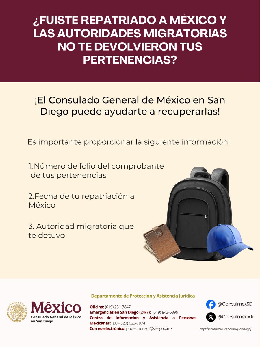 ¿Fuiste repatriado a 🇲🇽 y no te devolvieron tus pertenencias?
Podemos ayudarte a recuperarlas 👇
Llámanos: +619 231 3847 o al Centro de Información y Asistencia a Personas 🇲🇽 #CIAM 520 623-7874 o al correo: protecciónsdi@sre.gob.mx
Es importante que sepas que #NoEstásSóla (o)
