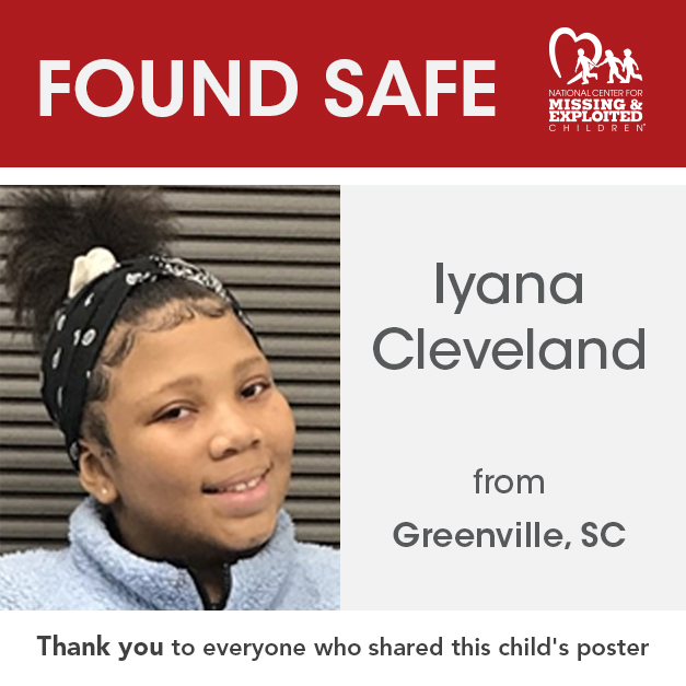 GREAT NEWS: Iyana has been FOUND SAFE!
Thank you to everyone who shared her story. After two years, she has been recovered safely.

If you have information about a missing child, call 1-800-THE-LOST or visit missingkids.org/search